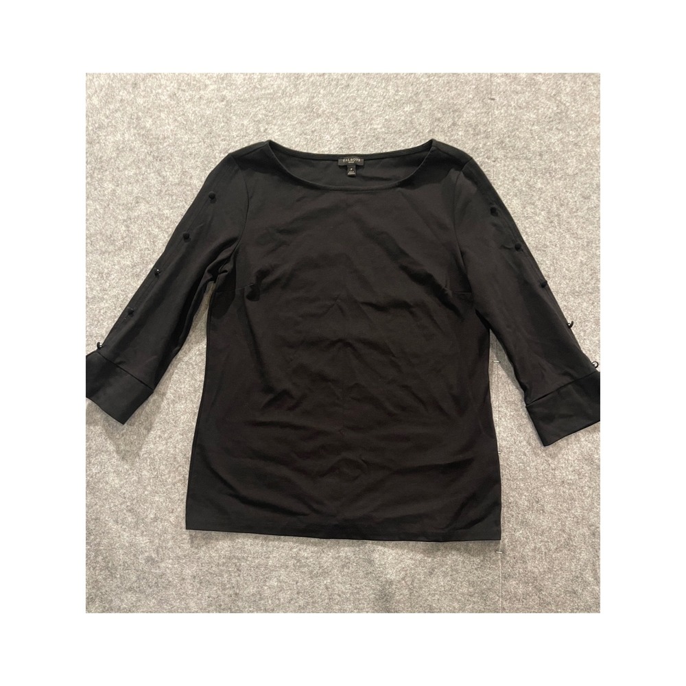Talbots Petites Black 3/4 Sleeve Button Detail Boat Neck Knit Top Size P